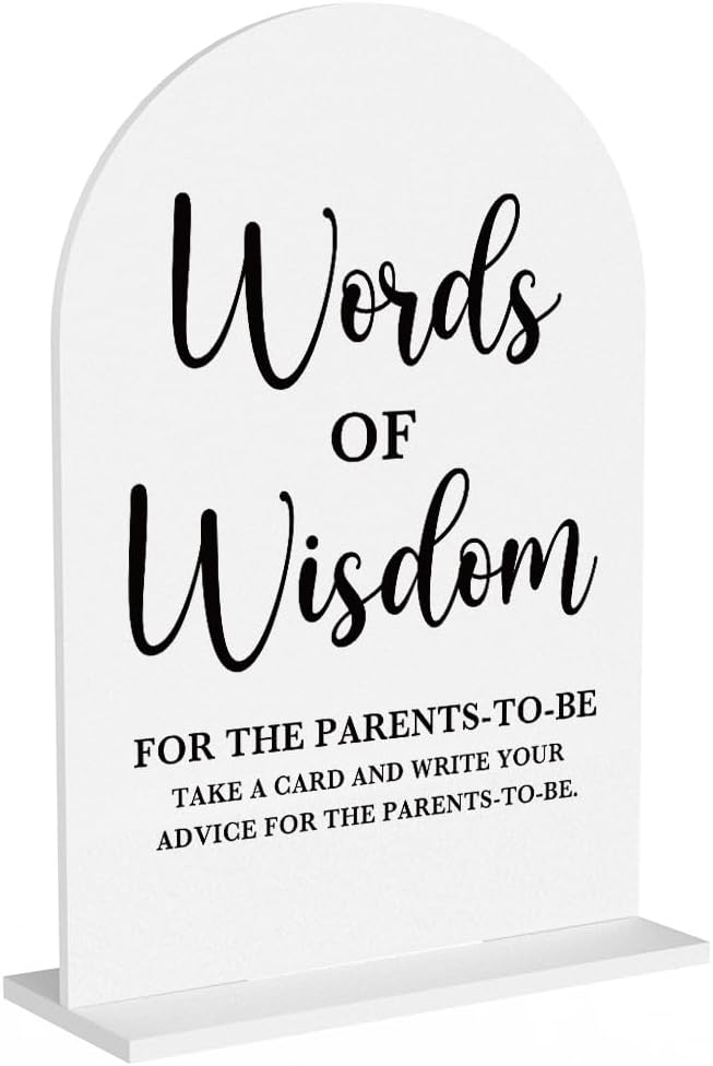 Baby in Bloom Shower Decorations, Baby Shower Sign, Newborn Gifts, Words of Wisdom Game Signs, Modern Calligraphy Arched Acrylic Table Top Signs With Stand for Gender Reveal Party Decoration (White)
