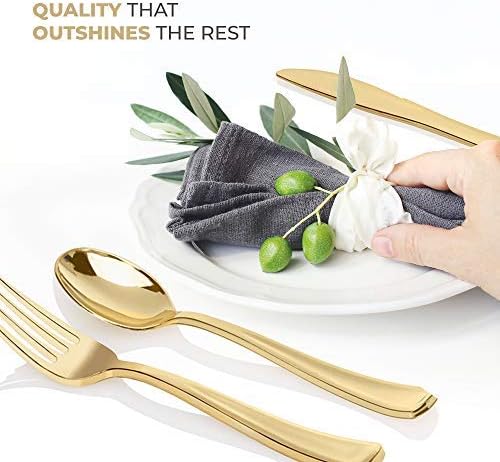 Gold Plastic Silverware Set (600-Pack) – Disposable Heavy Duty Cutlery, 200 Forks, 200 Knives, 200 Spoons for Parties, Weddings, Dinners & Holidays