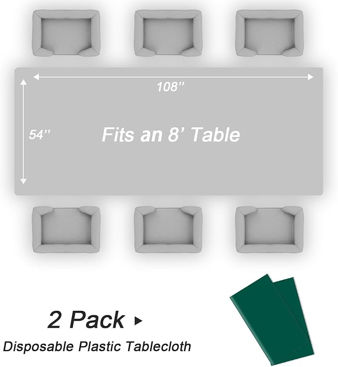 QIKSION Dark Green Plastic Table Cloth Disposable 2 Pack, 54 x 108 Inch Tablecloths for Party, Christmas Decorations, Rectangle Table Cover