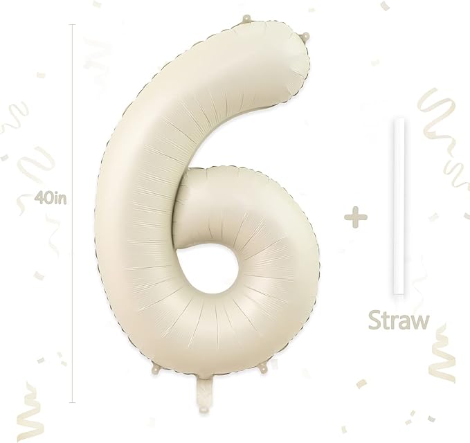 Number 6 Balloon, 6 Balloon, Number Balloons 40 Inch, Sand White Large Big Foil Number Balloons for Birthday Party Graduation Wedding Anniversary Baby Shower Bachelorette Decoration Supplies