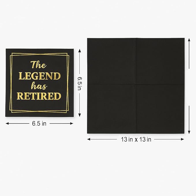 100‑Pack ‘The Legend Has Retired’ Black & Gold Napkins – 2‑Ply Cocktail, Lunch & Dinner Party Napkins – Elegant, Disposable Retirement Party Decoration – 6.5″ x 6.5″ Folded (Large, 100, Count)