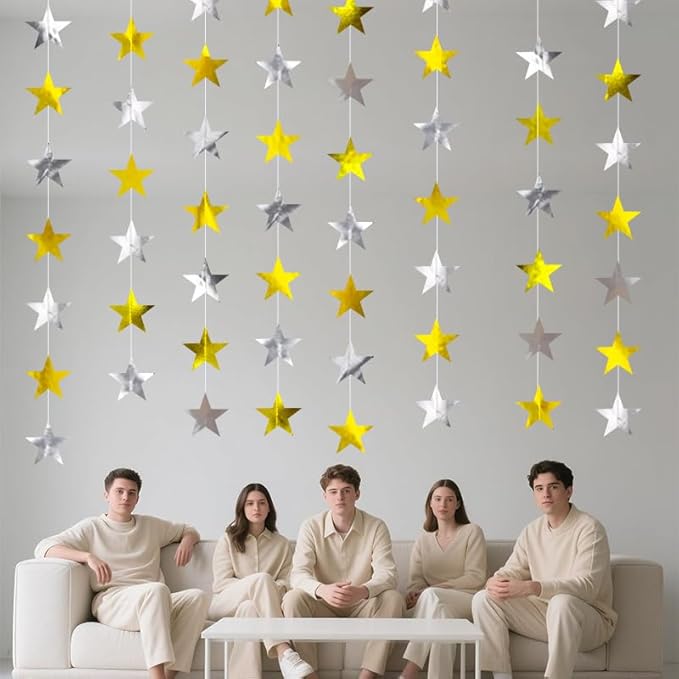 Gold Silver Shining Star Hanging Garland Gold and Silver Hanging Sparkling Star Streamer Glitter Bunting Banner Twinkle Backdrop for Wedding Baby Shower Birthday Christmas Decorations 40 Feet