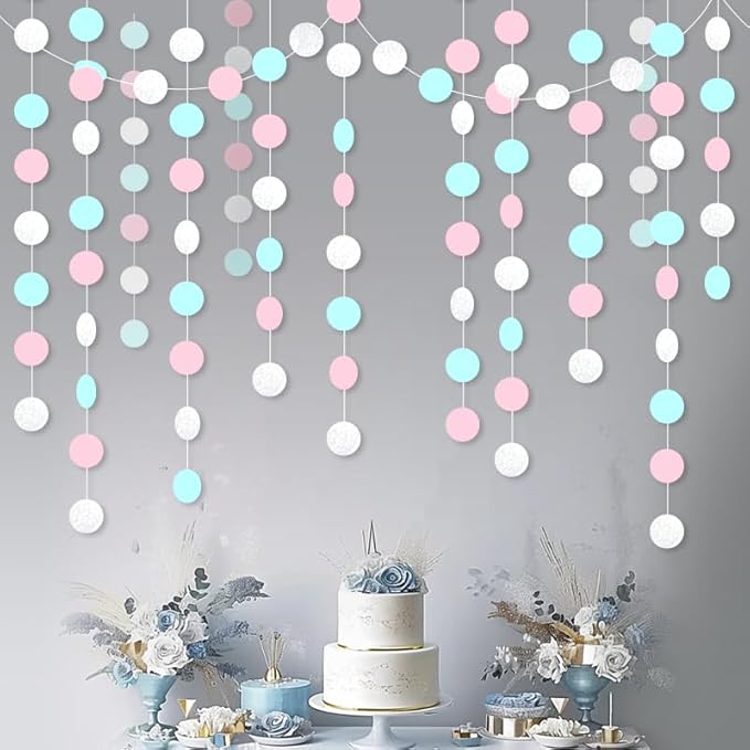 Macaron Circle Dots Hanging Garland White Blue Pink Circle Dots Hanging Streamer Macaron Bunting Banner Backdrop for Wedding Baby Shower Birthday Xmas Decor 40 Feet