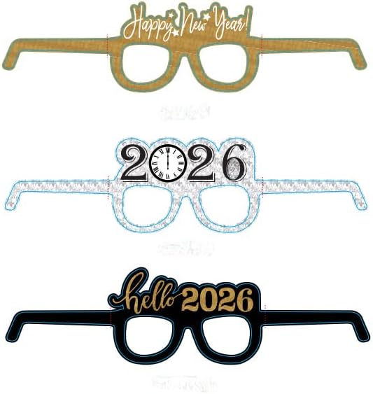 12 Pcs Happy New Year Eyeglasses,Hello 2026 Party Paper Glasses, Black and Gold Glitter New Years Eve Party Supplies 2025,Clock Countdown Favors for Costume Party,NYE Decorations 2026
