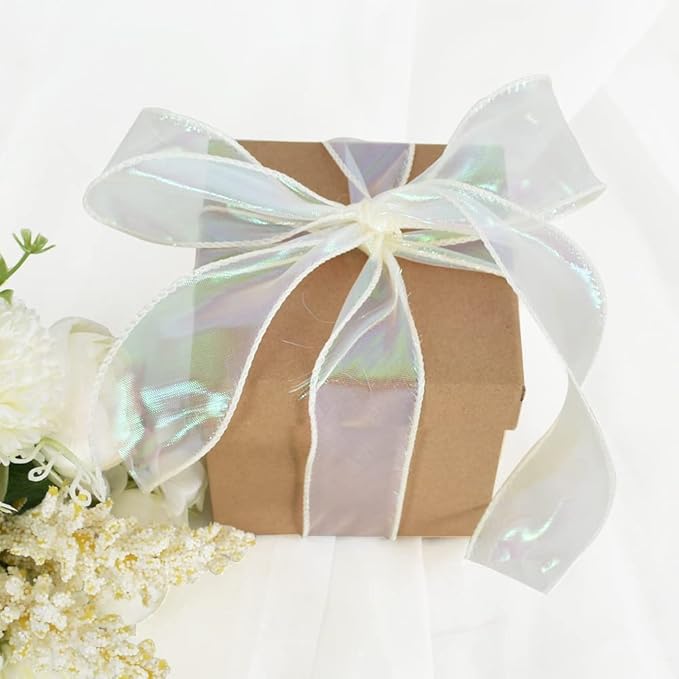 TONIFUL 1-1/2 Inch Wide Laser White Wired Chiffon Ribbon Shimmer Sheer Organza Ribbons for Crafts Floral Bouquets Wedding Party Decorations Valentine's Day Gift Wrapping Bow Making Wreaths (10yd)