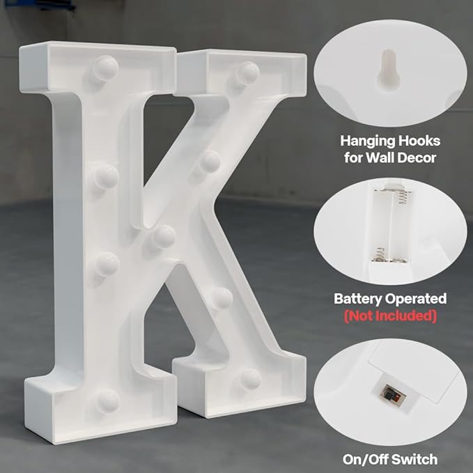 Light Up Letters Marquee Sign, 26 Alphabet LED Lights, Battery Powered, White Plastic, Perfect for Engagement, Wedding, Baby Shower, Birthday Parties - Letter K