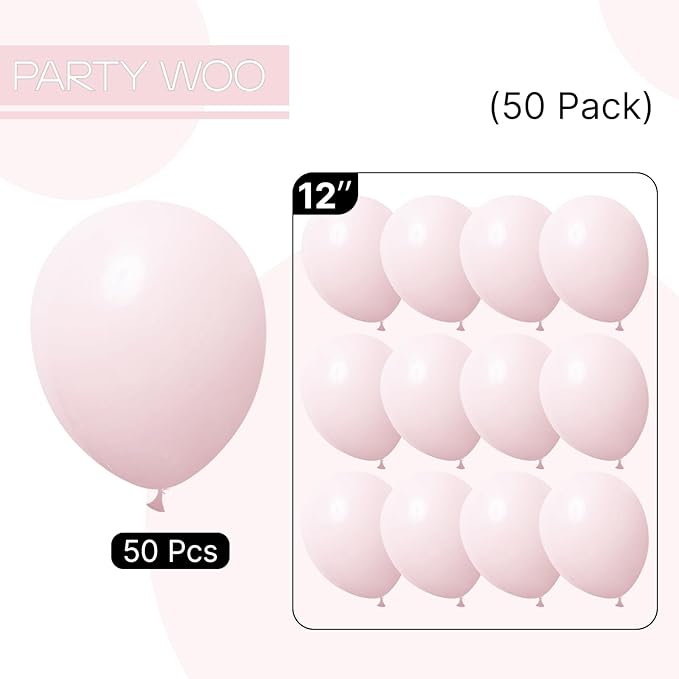 PartyWoo Pale Pink Balloons 50pcs 12 Inch Light Pastel Baby Pink Latex Helium Balloons for Birthday Engagement Bachelorette Baby Shower Easter Princess Butterfly Theme Party Decorations Pink-Q01