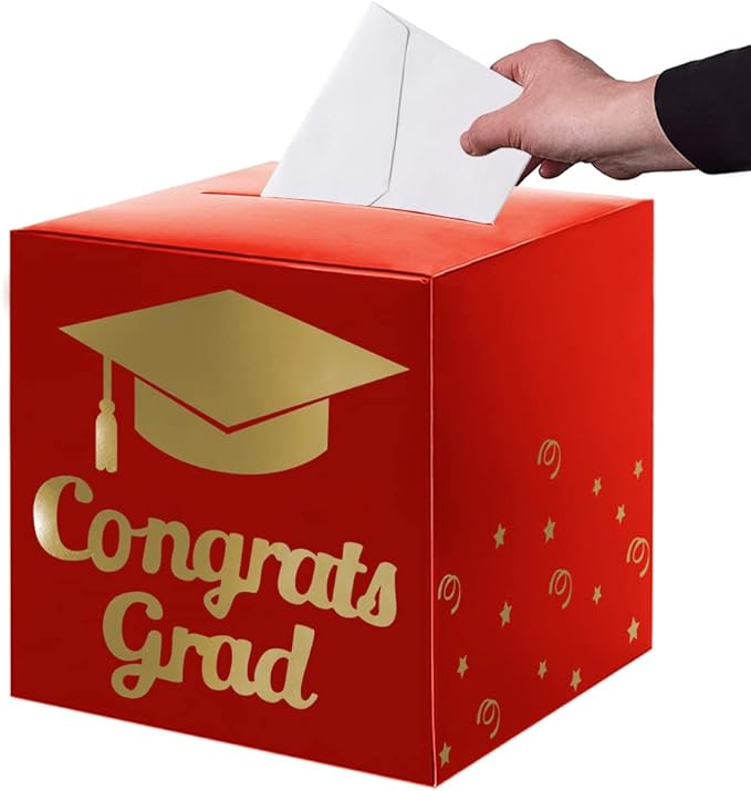 Graduation Card Box Holder, Congrats Grad Foldable Cardboard Decorations Box for Graduation Party Decoration and Grad Parties (Red)