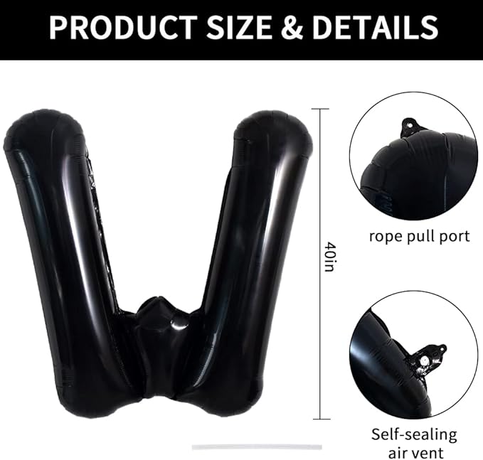 TONIFUL 40 Inch Large Black W Letter Balloon - Jumbo Helium Foil Mylar Big Alphabet for 2026 New Year Eve Graduation Wedding Baby Shower Birthday Party Anniversary Supplies Decorations