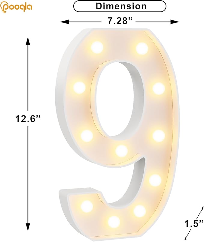 Pooqla Large Light Up Numbers for 9th Birthday Decorations, 12.6 in Tall White Plastic Marquee Numbers Sign Party Decorations, Gift for Girls Boys Night Light Wedding Anniversary Decor, Big Number 9