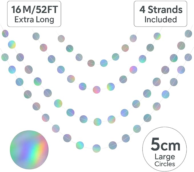 GCQQ 52Ft Iridescent Party Decorations Holographic Circle Garlands Sparkly Iridescent Hanging Streamers Garland for Mermaid Disco Bachelorette Birthday Party Decorations
