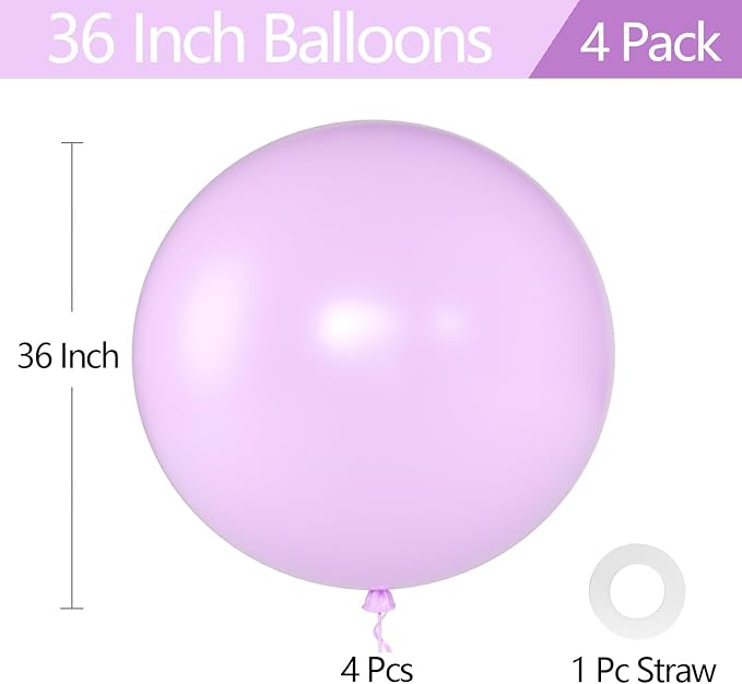 KALOR Pastel Purple Giant Balloons 36 Inch Large Latex Balloons, 4 Pack Jumbo Round Helium Balloon for Birthday Bridal Shower Wedding Baby Shower Party Decorations