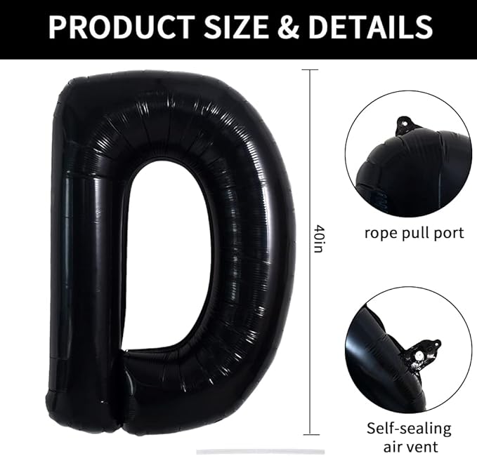 TONIFUL 40 Inch Large Black D Letter Balloon - Jumbo Helium Foil Mylar Big Alphabet for 2026 New Year Eve Graduation Wedding Baby Shower Birthday Party Anniversary Supplies Decorations