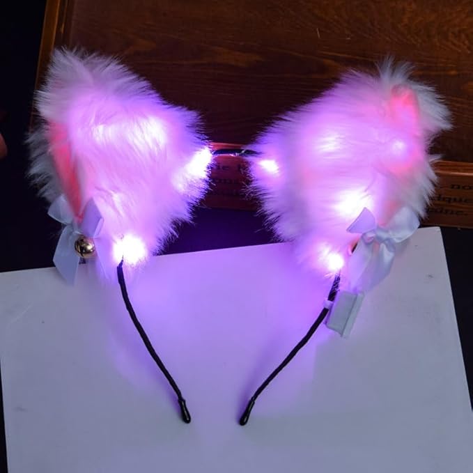 Light Up Headband Cat Ears With Bell Furry Headband Rave Accessories For Women Girls Valentine's Day Party Costume