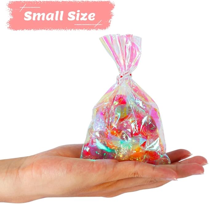 HRX Package 100pcs Small Iridescent Cellophane Treat Bags with Ties, 4x6 inch Holographic Plastic Goody Bags for Candy, Cake Pops, Favors