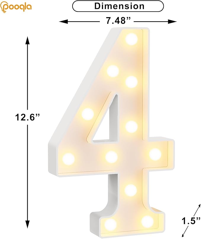 Pooqla Large Light Up Numbers for 4th Birthday Decorations, 12.6 in Tall White Plastic Marquee Numbers Sign Party Decorations, Gift for Girls Boys Night Light Wedding Anniversary Decor, Big Number 4