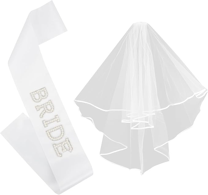 Bride To Be Sash White Wedding Veil, Bride Pearl Satin Sash Veil Set Bachelorette Party Favors Accessories for Bridal Showers Engagement Party Decorations