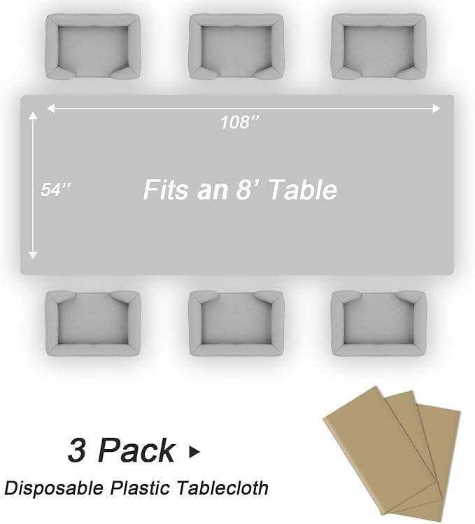 QIKSION Gold Plastic Table Cloth Disposable 3 Pack, 54 x 108 Inch Tablecloths for Graduation, Thanksgiving, Christmas Decorations, Rectangle Table Cover