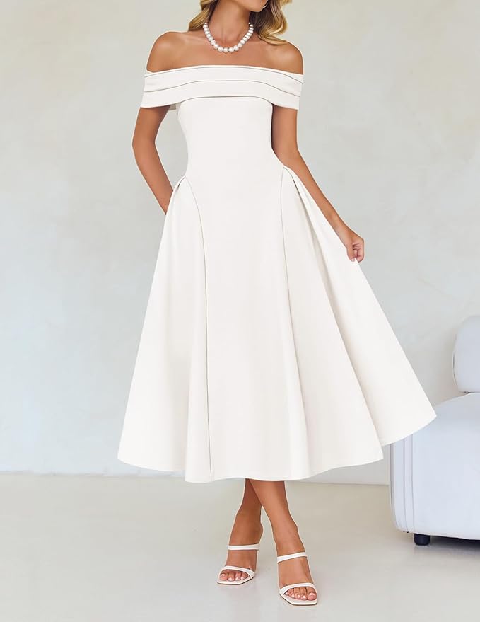 ZESICA Summer 2026 Cocktail Dresses for Women's Off Shoulder Short Sleeve Swing A Line Wedding Evening Party Midi Dress