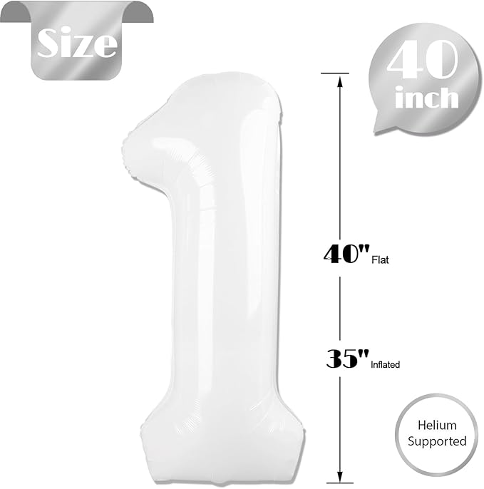 White Number 1 Balloon 40 Inch, 1st Birthday Balloon for Baby Boy Girl Toddler First Birthday Decorations, Shiny White Party Supplies
