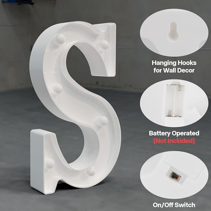 Marquee Letters Light up Letters, 26 Alphabet Battery Powered LED Lights, Night Light White Plastic Letters for Engagement Party Wedding Baby Shower Birthday, Initials for Decor (Letter S)