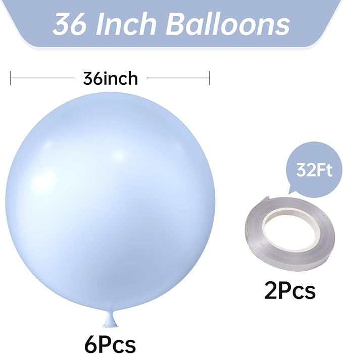 KALOR 36 Inch Giant Pastel Blue Balloons, 6 Pack Large Round Pastel Blue Latex Balloons for Anniversary, Birthday, Christmas, Wedding, Baby Shower Party Decorations