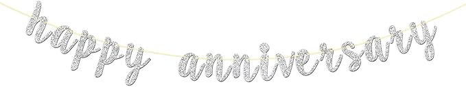 Silver Glitter Happy Anniversary Banner, Party Decorations for Wedding Anniversary Party