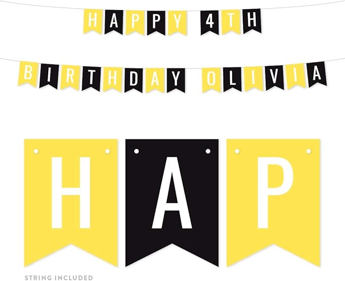 Andaz Press Personalized Hanging Pennant Banner Party Decorations, Yellow, Black, Happy 4th Birthday Olivia, 1-Pack, Approx. 5-Feet, Custom Name and Number