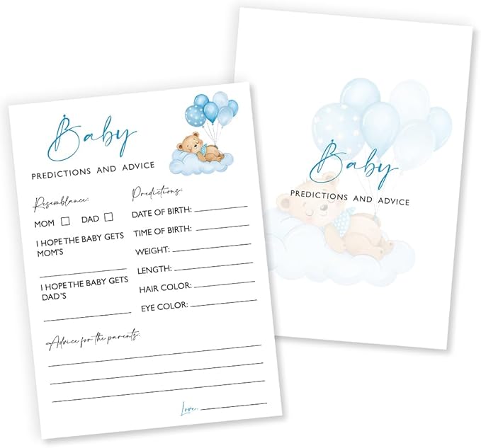 Baby Predictions & Advice Shower Game, 25 Blue Bear & Balloon Theme Ready-to-Play Cards, Fun Icebreaker Activity for Boys, Baby Shower Party Games and Supplies - B04