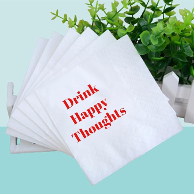 Funny Cocktail Napkins 100Pcs Funny Quotes Saying Disposable Paper Party Napkins 4.5 x 4.5 Two-ply (Drink Happy Thoughts Napkins)