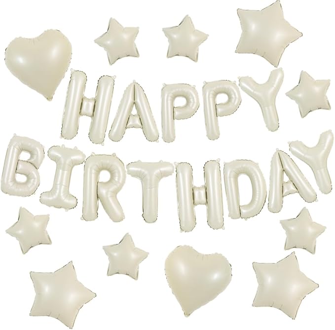 TONIFUL 31PCS Cream White Happy Birthday Decorations 16 Inch Happy Birthday Balloon Banner with Star Heart Balloons Mylar Foil Birthday Party Decorations Supplies for Men Women Adults Girls Boys Kids