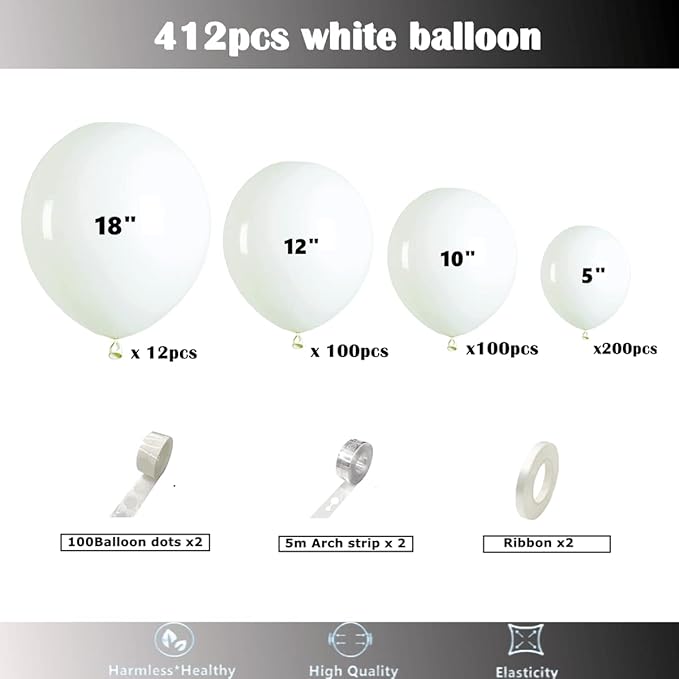 412pcs White Balloons 18 12 10 5 Inch White Balloon Garland Arch Kit Different Sizes Matte Latex Balloons for Baby Shower Birthday Wedding Party Decorations