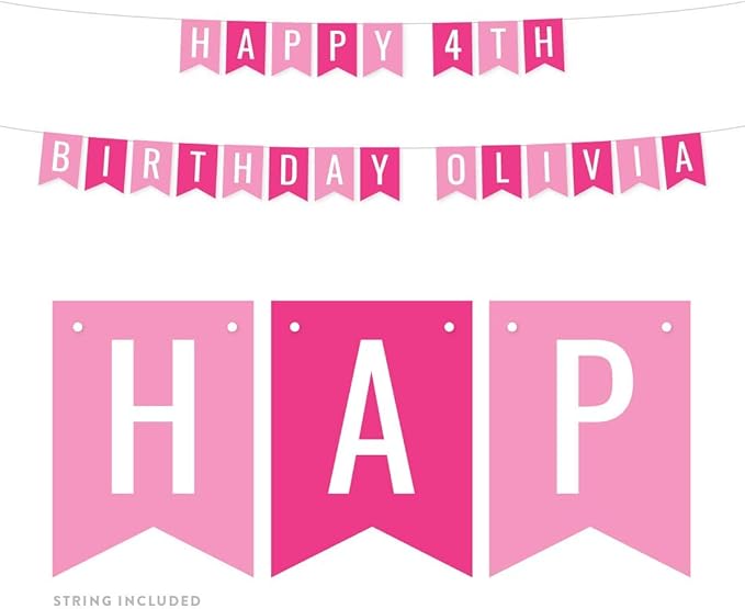 Andaz Press Personalized Hanging Pennant Banner Party Decorations, Pink, Fuchsia Hot Pink, Happy 4th Birthday Olivia, 1-Pack, Approx. 5-Feet, Custom Name and Number