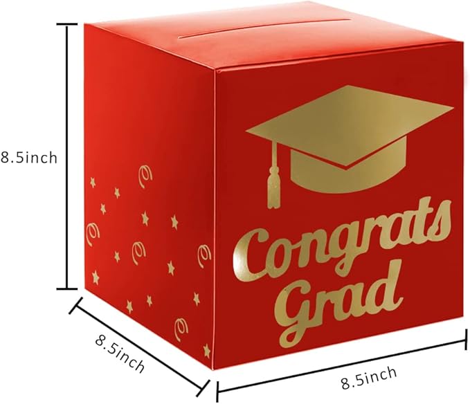 Graduation Card Box Holder, Congrats Grad Foldable Cardboard Decorations Box for Graduation Party Decoration and Grad Parties (Red)