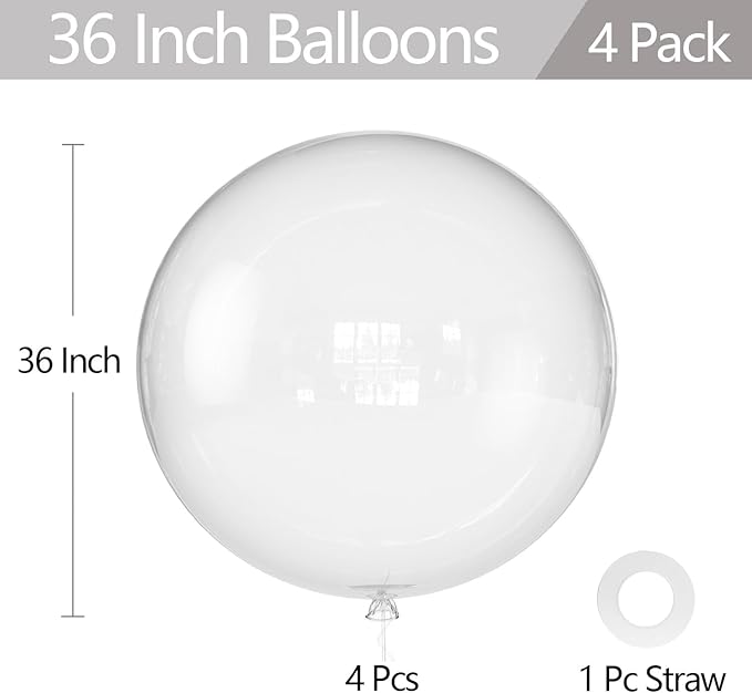 KALOR Clear Giant Balloons 36 Inch Large Latex Balloons, 4 Pack Jumbo Round Helium Balloon for Birthday Bridal Shower Wedding Baby Shower Party Decorations
