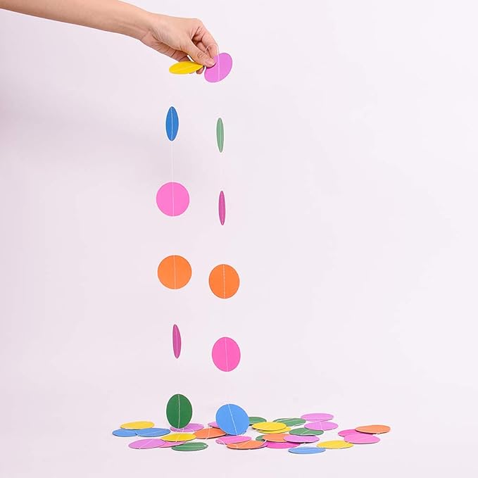 MerryNine Paper Garland 5 Pack, 65 Ft Glitter Paper Garland Circle Dots Hanging Decor, Banner for Baby Shower, Birthday, Nursery Party Decor (Colorful)