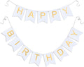 White Happy Birthday Banner - Hanging Backdrop Sign with Gold Letters, Happy Birthday Sign Bunting Decorations for Women men Kids Baby Shower Party Supplies (13pcs)