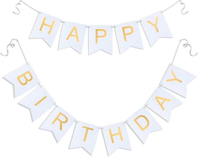 White Happy Birthday Banner - Hanging Backdrop Sign with Gold Letters, Happy Birthday Sign Bunting Decorations for Women men Kids Baby Shower Party Supplies (13pcs)