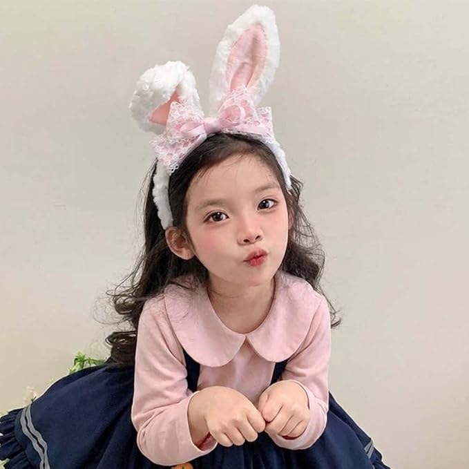 Blync Easter Bunny Ears Headband, Lace Curly Rabbit Hair Accessories, Pink Bow Hairband for Party, Photos, Cosplay