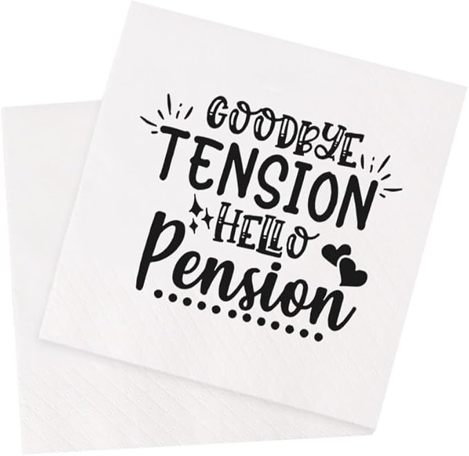 Retirement Cocktail Napkins Party Napkins Beverage Napkins Bar Napkins Disposable Paper Novelty Humorous Gag Gift 100Pcs 4.5 x 4.5 13-ply (Goodby Tension Hello Pension)