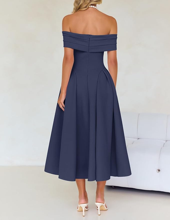 ZESICA Summer 2026 Cocktail Dresses for Women's Off Shoulder Short Sleeve Swing A Line Wedding Evening Party Midi Dress