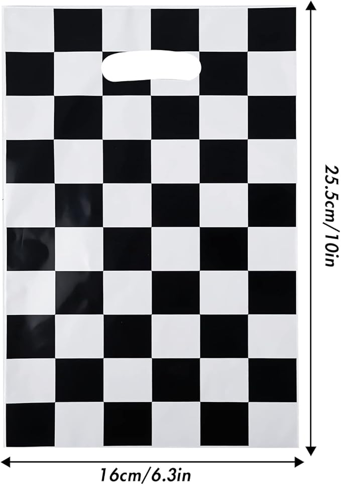 Rainmae 50 Pcs Race car Goodie Gift Bags, Racing Treat Gift Bags, Candy Party Favors Bags, Black and White Checkered Party Supplies for Two Fast Themed Kids Birthday Baby Shower Party Decoration