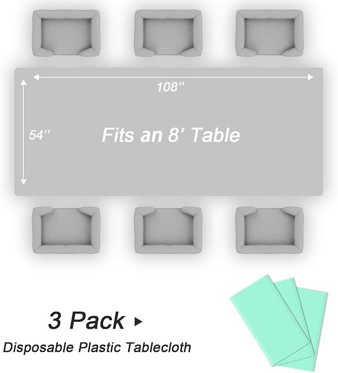 QIKSION Fresh Mint Plastic Table Cloth Disposable 3 Pack, 54 x 108 Inch Tablecloths for Party, Birthday, Rectangle Table Cover