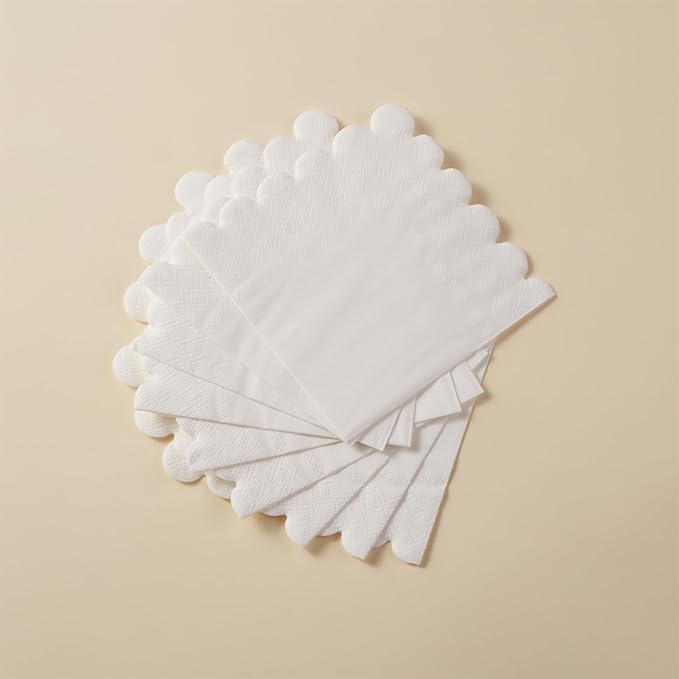 100 Pack Cocktail Napkin 2-Ply Scalloped Edged Dessert Napkins Folded 5 x 5 Inches Disposable Napkins for Dinner Wedding Birthday Party Bridal Anniversary Reception Event (White)