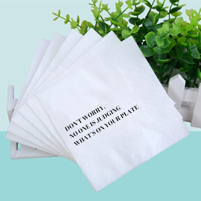 Funny Cocktail Napkins 100Pcs Funny Quotes Saying Disposable Paper Party Napkins 4.5 x 4.5 Two-ply (Don't worry, No one is Judging What's On Your Plate Napkins)