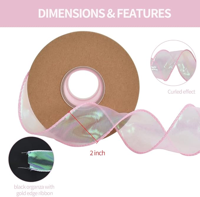 TONIFUL 1-1/2 Inch Wide Laser Pink Wired Chiffon Ribbon Shimmer Sheer Organza Ribbons for Crafts Floral Bouquets Wedding Party Decorations Valentine's Day Gift Wrapping Bow Making Wreaths (10yd)