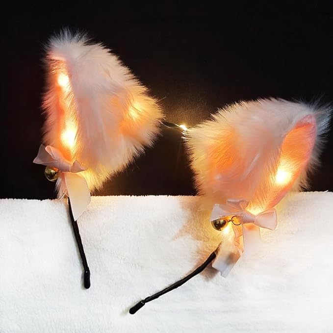 Light Up Headband Cat Ears With Bell Furry Headband Rave Accessories For Women Girls Valentine's Day Party Costume