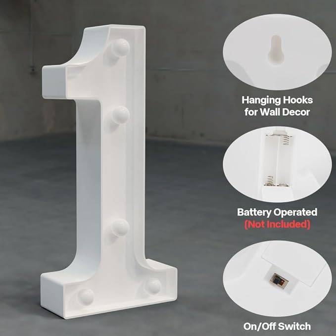Marquee Numbers Light up Numbers, 0-9 Number Battery Powered LED Light, White Plastic Numbers Sign for 1st Birthday Decorations, Number Decor for Graduation Engagement Wedding Baby Shower (Number 1)