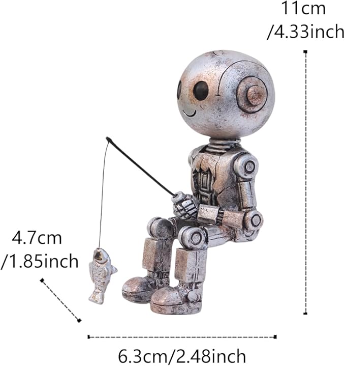 Fishing Robot Statue Funny Halloween Decorations, 4.33 Inch Cute Sitting Figurine Shelf Sitter Resin Sculpture for Outdoor Garden Yard Lawn Pond Waterfalls Pool Ornaments