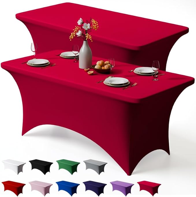 Trlyc 2 Pack 4FT Spandex Table Cloth - 48 x 30 Inch Rectangular Stretch Tablecloth, Wrinkle Resistant Scretch Table Cover for Wedding, Party, Banquet, Picnic, Outdoor Decoration (2Pcs,Burgundy)